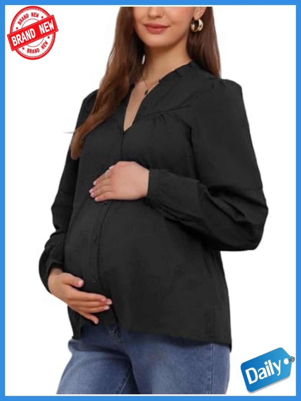 Maternity Blouse Long Sleeve Button Down Shirt Cotton Boho Lace Work Top